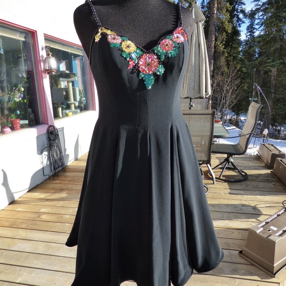 VINTAGE NITELINE GOTH VAMP 80'S BLACK PIN UP MINI DRESS MULTI FLORAL SEQUINS 6 S